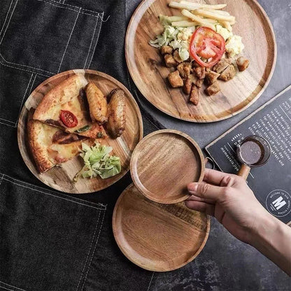 Wooden Round Serving Tray – Solid Wood Platter for Pizza, Salad, Bread, Fruit & Dessert