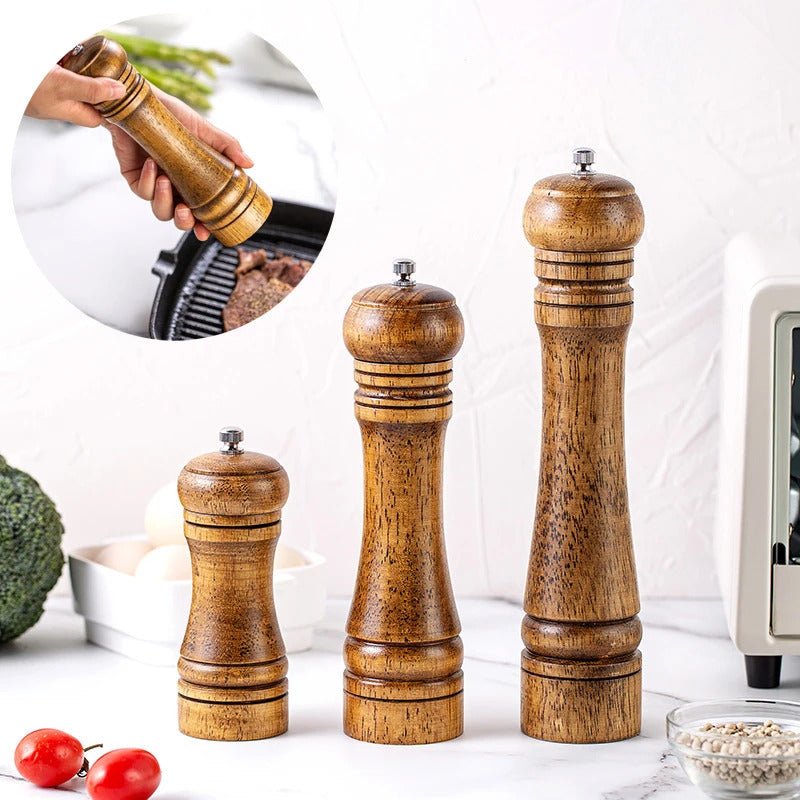 Wooden Salt & Pepper Mill Set (5/8/10 Inch) – Adjustable Ceramic Core Spice Grinder