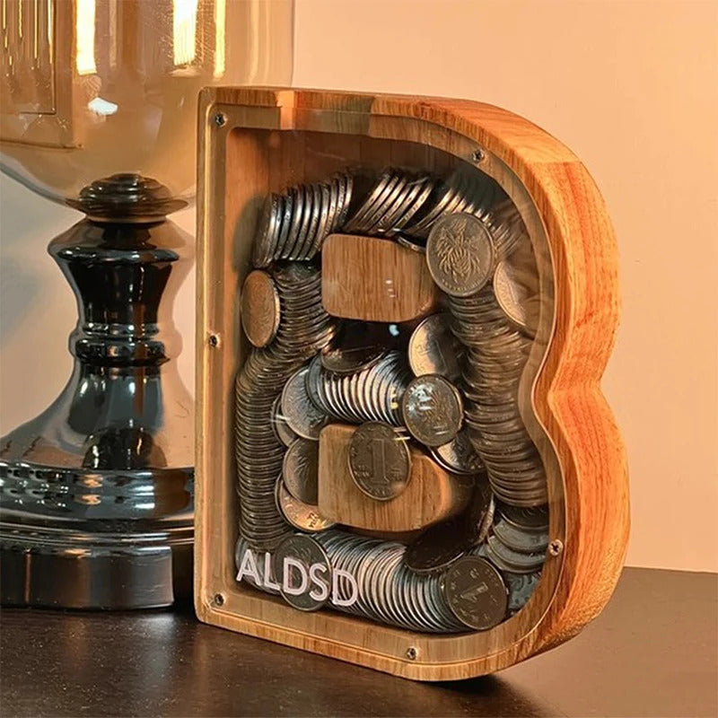 Personalized Wooden Alphabet Piggy Bank – Letter Coin Saving Box for Kids & Home Decor
