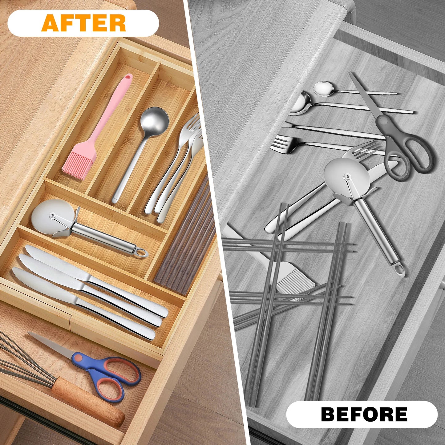 Premium Bamboo Cutlery Tray Organizer – Kitchen Drawer Utensil Holder & Storage Insert
