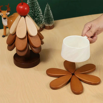 Wooden Christmas Tree Trivet Set – Heat Resistant Pot Holder, Kitchen Placemat & Decorative Coaster