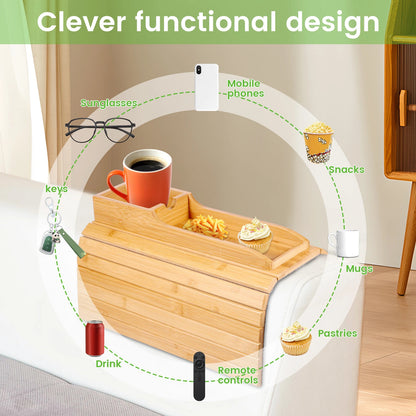 Couch Cup Holder | Bamboo Sofa Armrest Tray Anti-Slip Couch Arm Tray for Drinks & Snacks
