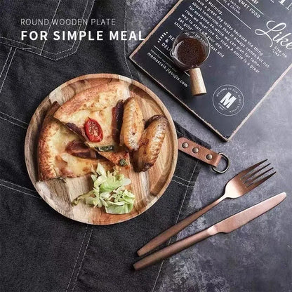 Wooden Round Serving Tray – Solid Wood Platter for Pizza, Salad, Bread, Fruit & Dessert