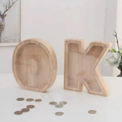 Personalized Wooden Alphabet Piggy Bank – Letter Coin Saving Box for Kids & Home Decor