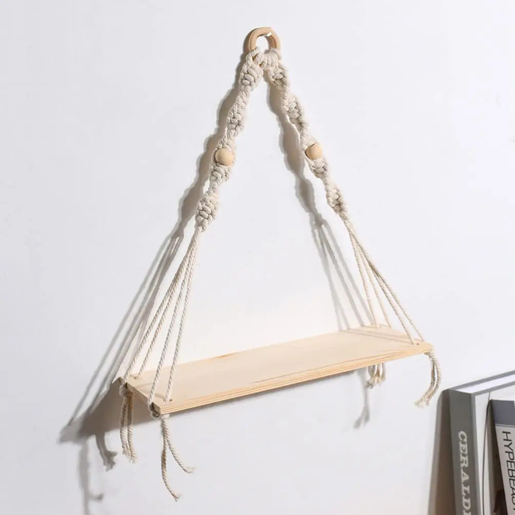 Macrame Hanging Shelf | Boho Wooden Floating Wall Shelf