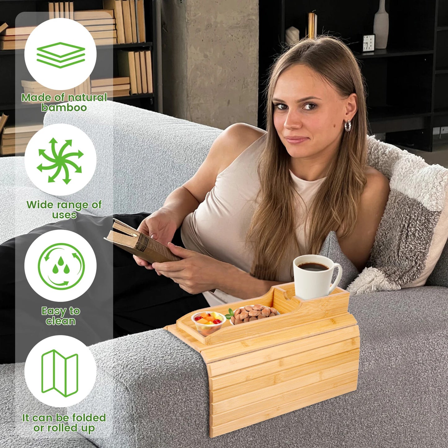 Couch Cup Holder | Bamboo Sofa Armrest Tray Anti-Slip Couch Arm Tray for Drinks & Snacks