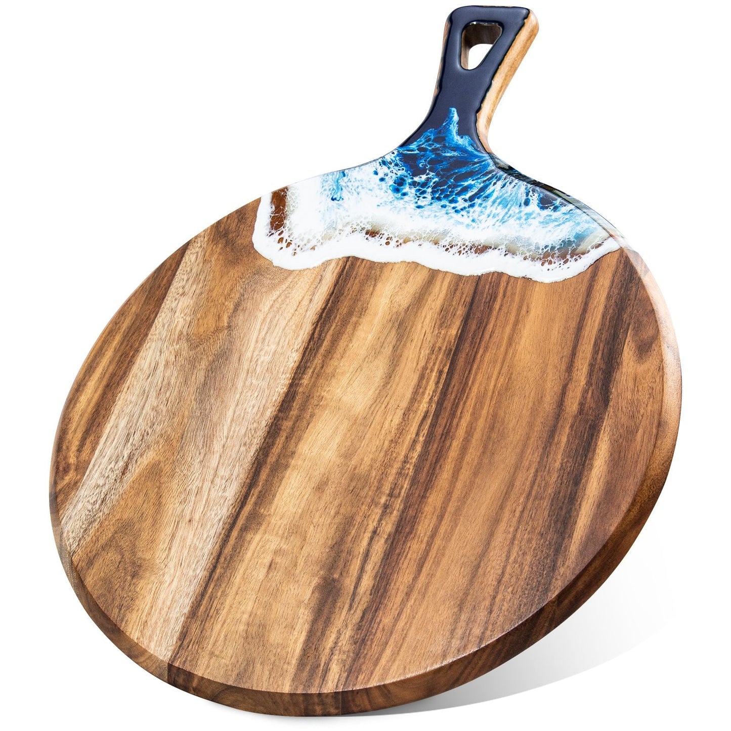 Front view of round ocean resin cutting and serving board